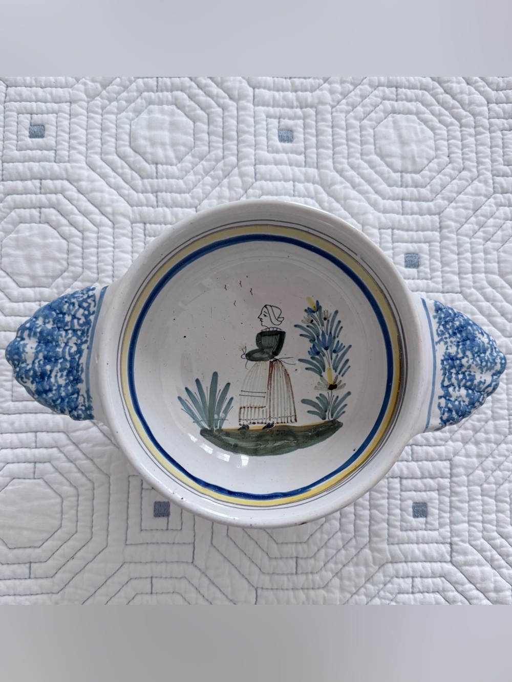 Henriot Quimper Hand-Painted Ceramic Serving Bowl with Blue Handles